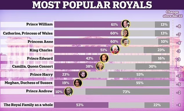 Vua Charles, William - Kate và Harry - Meghan đều bị sụt giảm danh tiếng - Ảnh 1.