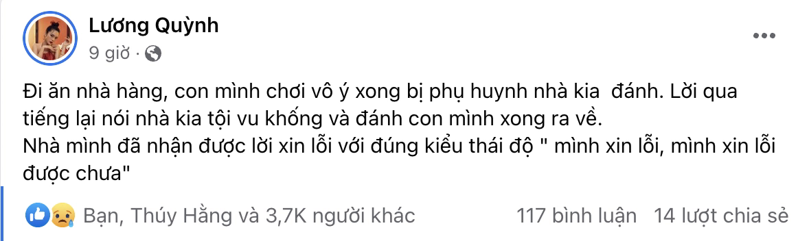 Con trai 8 tuổi bị đánh và vu khống trong nhà hàng, Quỳnh Lương ngồi khóc cả buổi tối, vội chia sẻ lên MXH ngay trong đêm - Ảnh 1. Con trai 8 tuổi bị đánh và vu khống trong nhà hàng, Quỳnh Lương ngồi khóc cả buổi tối, vội chia sẻ lên MXH ngay trong đêm - Ảnh 1.