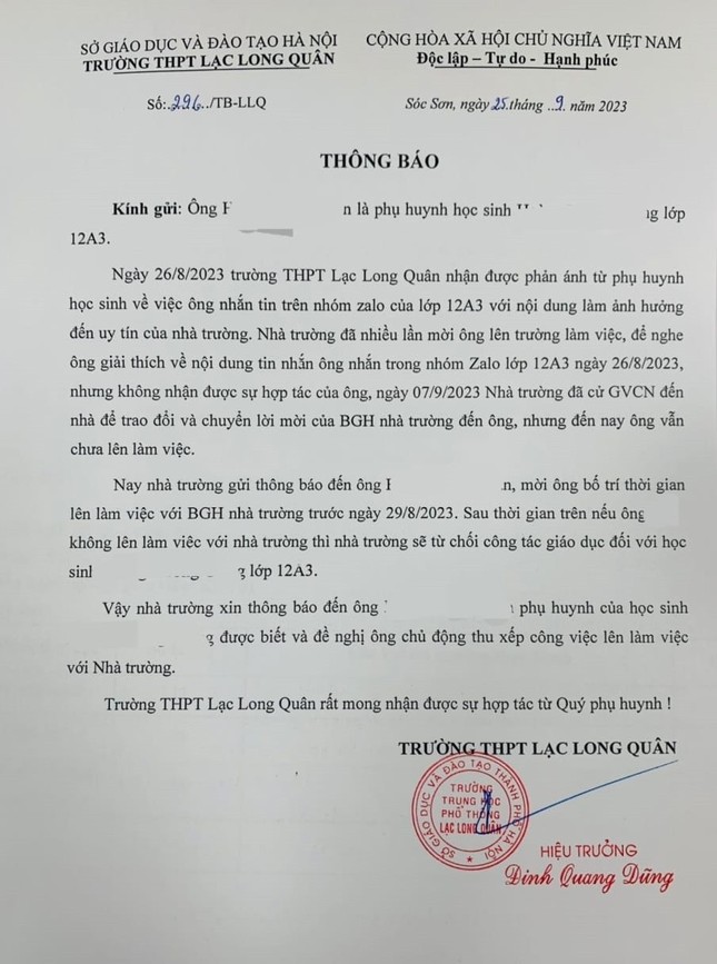 Trường cho học sinh nghỉ học vì mâu thuẫn với phụ huynh: Sở GD&ĐT Hà Nội &quot;tuýt còi&quot; - Ảnh 1.