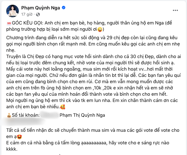 Đăng số tài khoản để kêu gọi bình chọn trong Chị đẹp đạp gió rẽ sóng, Quỳnh Nga bị phản ứng dữ dội