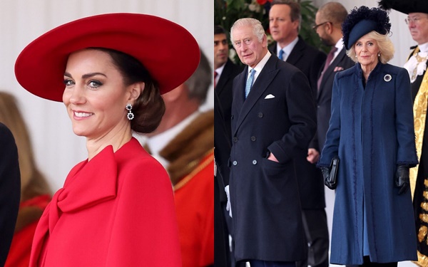 Ít người nhận ra chi tiết tinh tế trên trang phục dự quốc yến của Vương hậu Camilla và Vương phi Kate