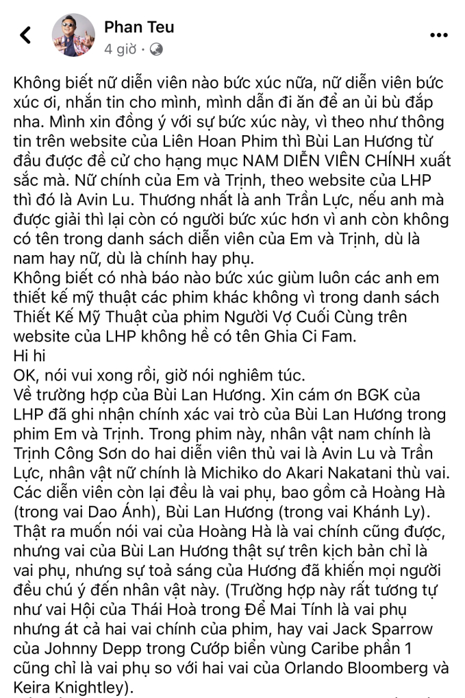 Một nữ diễn viên bức xúc khi Bùi Lan Hương đoạt giải ở Bông Sen Vàng, đạo diễn &quot;Em và Trịnh&quot; lên tiếng - Ảnh 2.