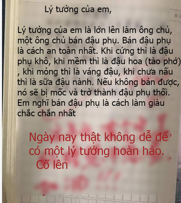 Cậu bé cấp 1 viết văn  kể: &quot;Lớn lên em muốn đi bán đậu phụ&quot;, đọc xong lý do cô giáo cười không thở nổi - Ảnh 1.