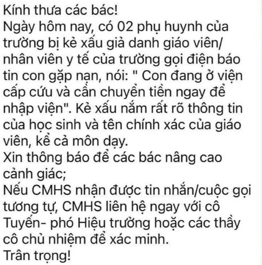 Hà Nội xuất hiện chiêu mạo danh giáo viên lừa phụ huynh 'Con đang cấp cứu, chuyển tiền ngay để nhập viện&quot; - Ảnh 1.