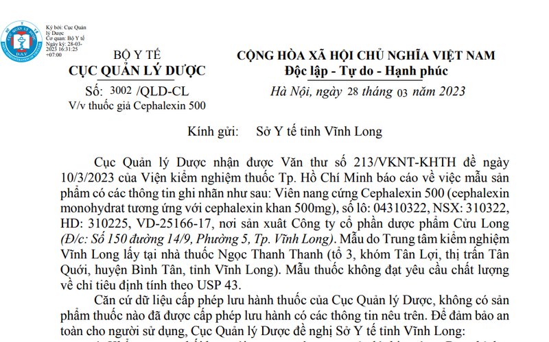 Bộ Y tế cảnh báo thuốc giả Cephalexin 500 - Ảnh 1.