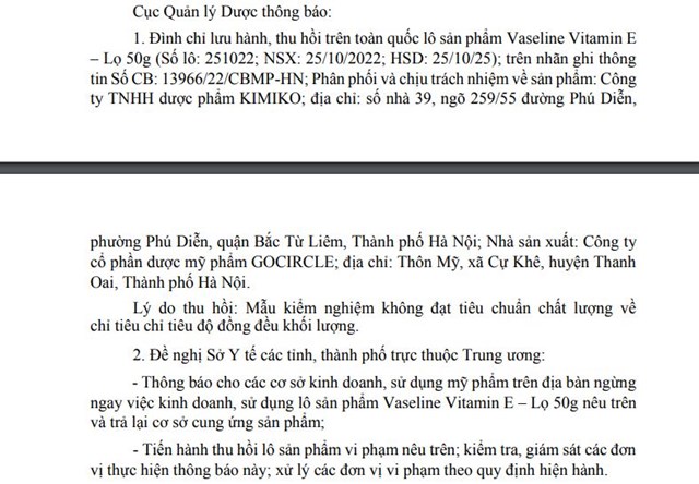 Thu hồi trên toàn quốc lô sản phẩm Vaseline Vitamin E không đạt chất lượng - Ảnh 1.