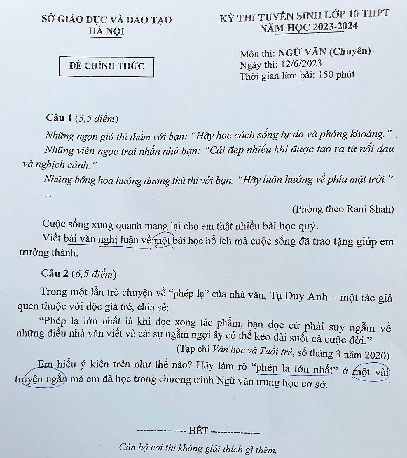 Đề thi chuyên Văn lớp 10 Hà Nội - Ảnh 1.