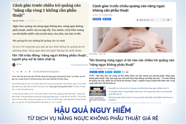 Các báo đưa tìn về hậu quả của dịch vụ nâng ngực không phẫu thuật giá rẻ