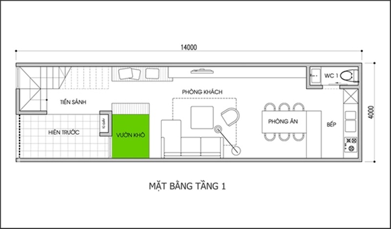 Thiết kế nhà ống 56m2 với nhược điểm mặt tiền nhỏ và chiều dài lớn - Ảnh 1.