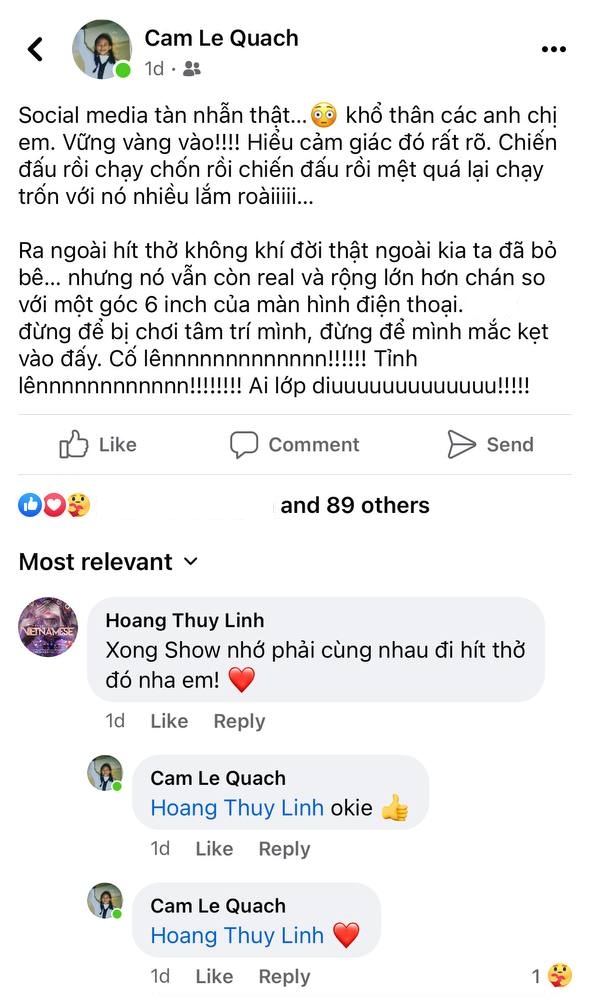 Một nữ rapper than thở &quot;social media tàn nhẫn thật&quot;, Hoàng Thuỳ Linh lập tức rủ &quot;xong show cùng nhau đi hít thở nha em&quot; - Ảnh 1.