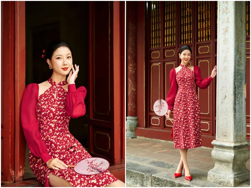 5 mẫu áo dài cách tân tone hồng và đỏ chuẩn &quot;nàng thơ&quot; các chị em nên tham khảo mặc trong dịp Tết  - Ảnh 9.