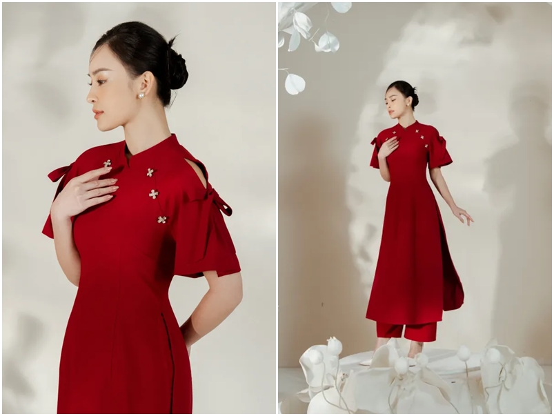 5 mẫu áo dài cách tân tone hồng và đỏ chuẩn &quot;nàng thơ&quot; các chị em nên tham khảo mặc trong dịp Tết  - Ảnh 3.