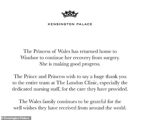 Cung điện hoàng gia thông báo Vương phi Kate đã xuất viện về nhà, tình hình sức khỏe hiện tại ra sao?- Ảnh 1.