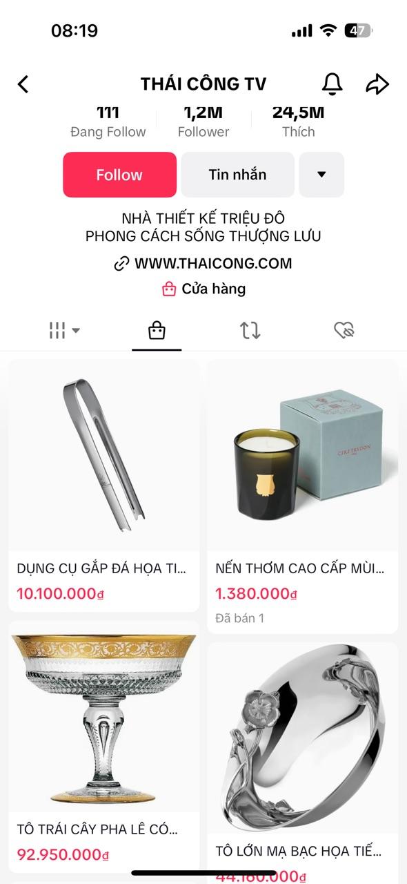 NTK Thái Công mở gian hàng trên TikTok Shop: Toàn đồ xa xỉ giá &quot;trên trời&quot;, mới chỉ bán được... 1 hũ nến - Ảnh 6.