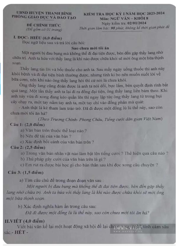 Đề thi Ngữ văn lớp 8 ở Đồng Nai sử dụng ngữ liệu "phản cảm": Yêu cầu kiểm điểm người ra đề - Ảnh 1.