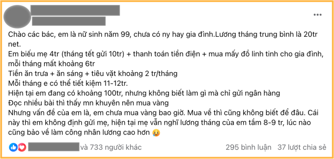 Bảng chi tiêu đáng nể của cô bạn kiếm 20 triệu/tháng, tiết kiệm được hơn một nửa, dư tiền đem đi mua vàng- Ảnh 1.