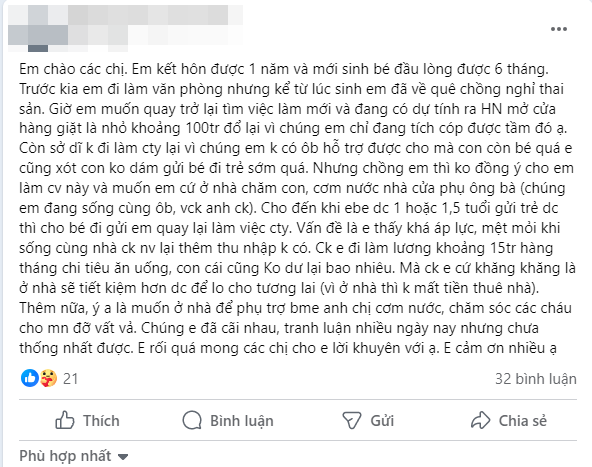 Chồng phản đối vợ sau sinh đi làm, yêu cầu ở nhà chăm con, cơm nước, mẹ bỉm tuyệt vọng xin lời khuyên - Ảnh 1.