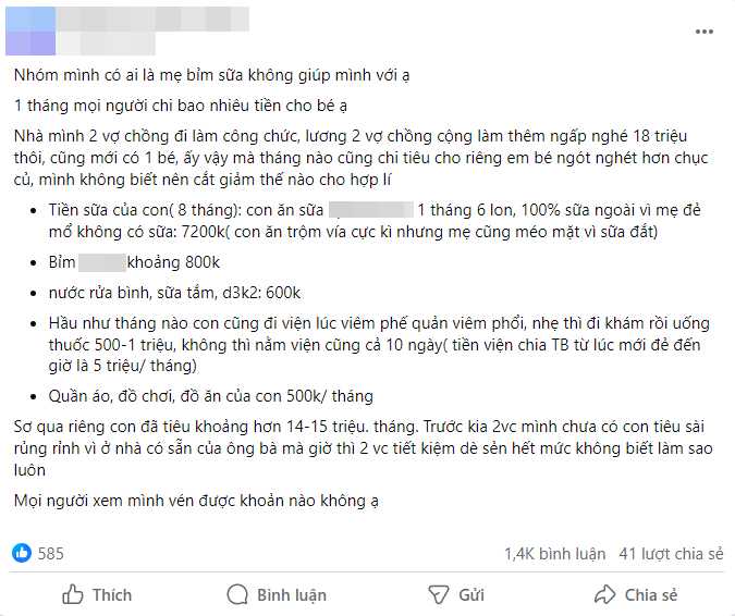 Lương gần 20 triệu/tháng nhưng mẹ bỉm này cứ than vãn không thể đủ nuôi con, nhìn bảng chi tiêu mới &quot;sốc ngang&quot; - Ảnh 1.