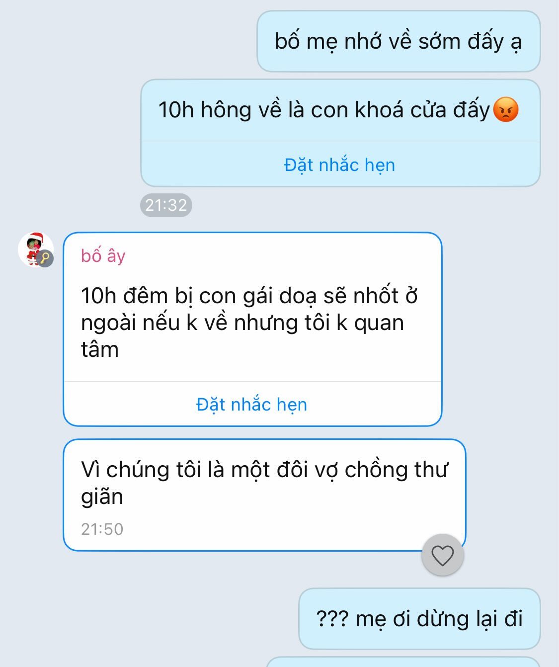 Viral tin nhắn con gái dọa khóa cửa nếu bố mẹ 10h tối chưa đi chơi về, phụ huynh đáp 1 câu “không ngờ