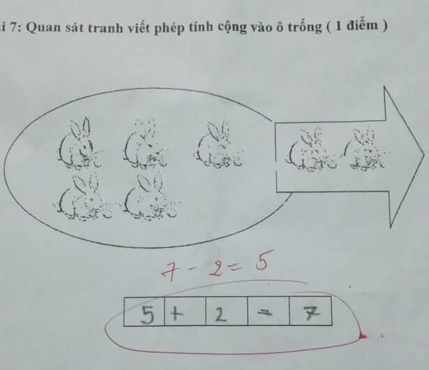 Học sinh lớp 1 làm phép tính &quot;5 + 2 = 7&quot; bị giáo viên gạch đỏ, xem đáp án cuối cùng của cô ai cũng sốc! - Ảnh 1.