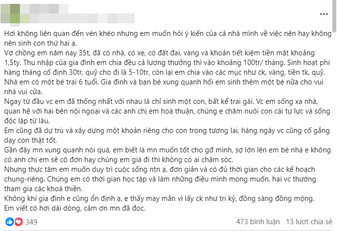  Bị thúc ép sinh thêm con, mẹ bỉm không muốn nhưng lại sợ lời ra tiếng vào, dân mạng nói 1 câu mà câm nín - Ảnh 1.