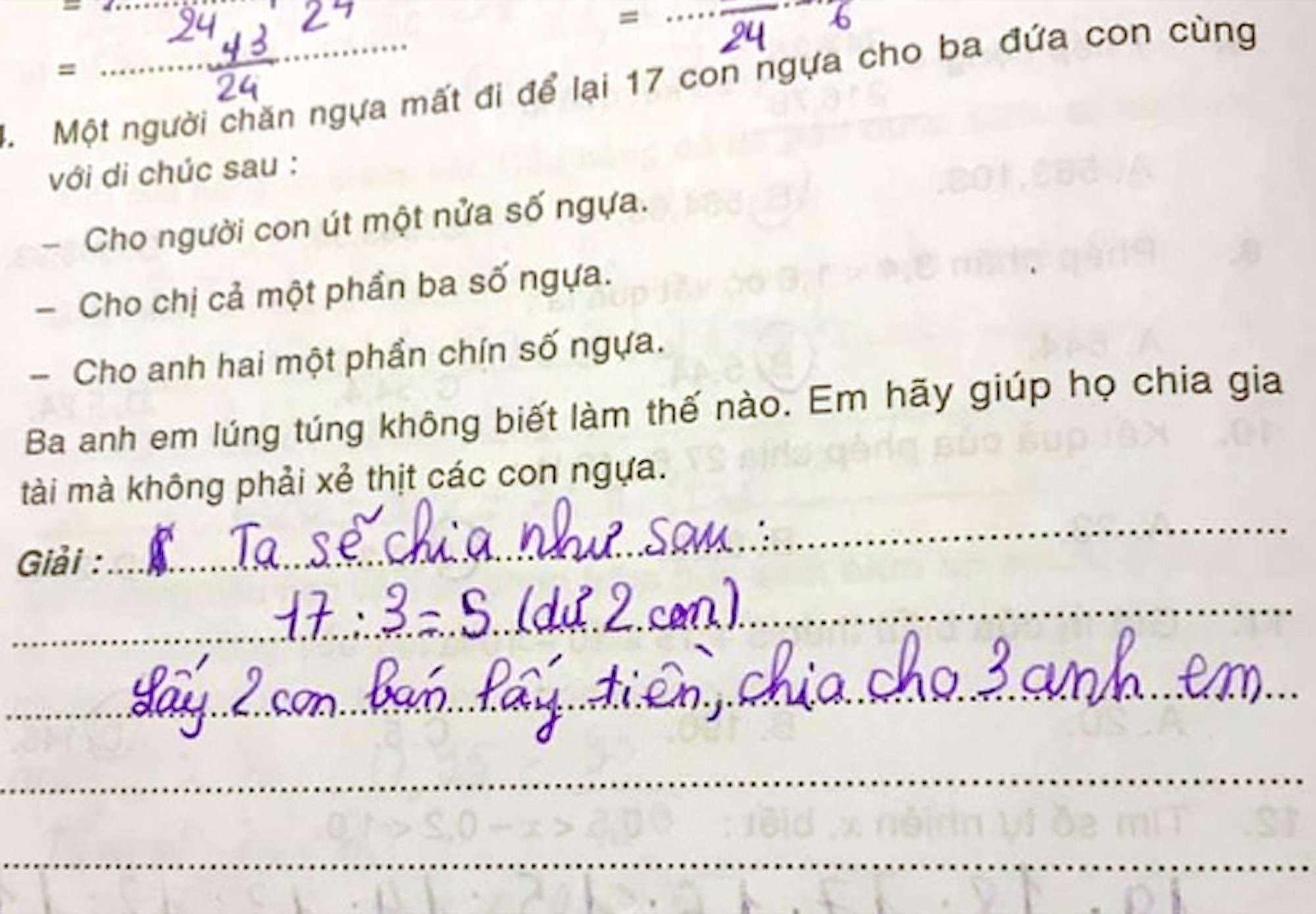 Bài toán &quot;chia đều 17 con ngựa cho 3 người&quot; gây bão mạng - Ảnh 1.