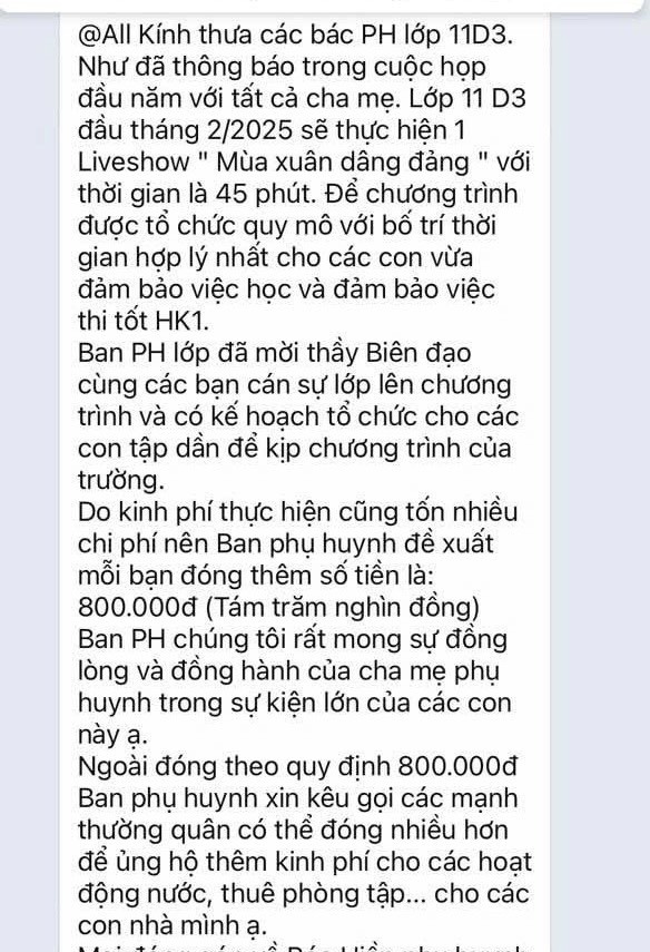 Hà Nội: Mỗi học sinh đóng 800 nghìn đồng tổ chức văn nghệ, phụ huynh bức xúc - Ảnh 1.