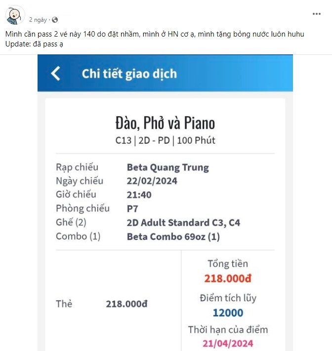 Xôn xao &quot;phe vé&quot; phim ''Đào, phở và piano'': Giá bán lại cao gấp 6 lần giá gốc, Trung tâm Chiếu phim Quốc gia lên tiếng cảnh báo - Ảnh 2.