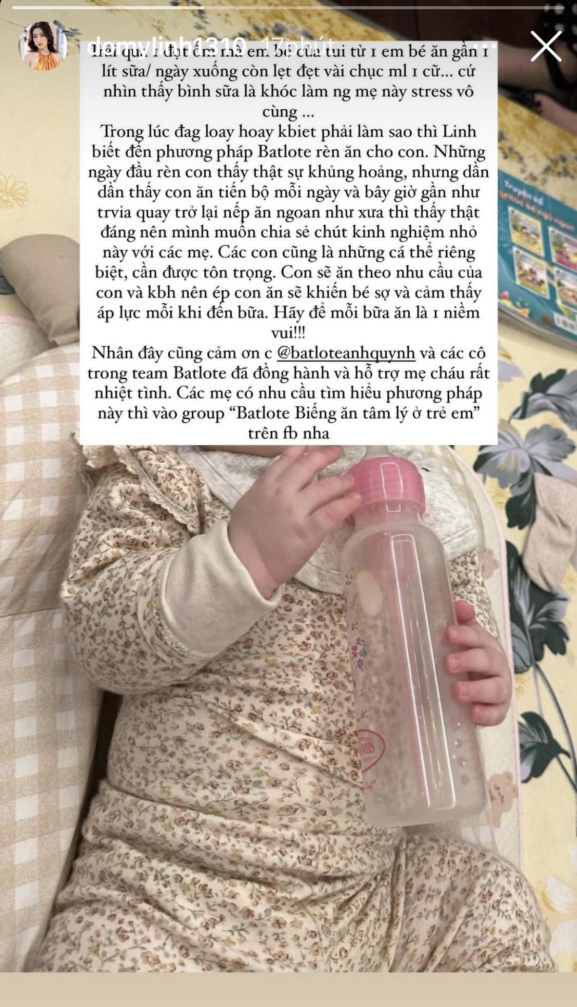 Con gái Đỗ Mỹ Linh ăn lẹt đẹt vài chục ml sữa/ cữ sau trận ốm, nàng hậu nhắn các mẹ phương pháp cực hay - Ảnh 1.