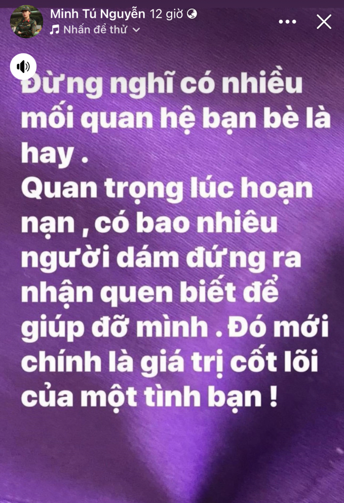 Minh Tú đăng đàn ẩn ý: &quot;Đừng nghĩ nhiều bạn là hay, quan trọng lúc hoạn nạn bao nhiêu người giúp đỡ&quot; - Ảnh 1.