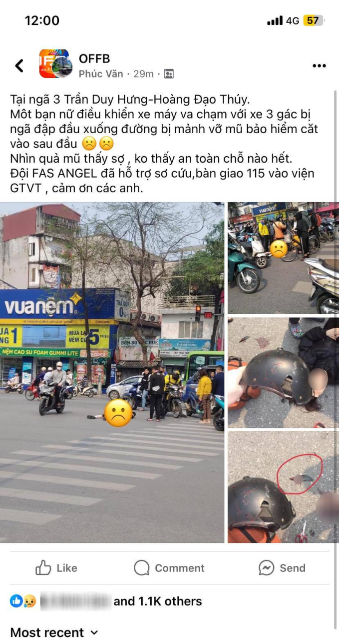 Cô gái ở Hà Nội bị mảnh vỡ của mũ bảo hiểm cắt vào đầu sau va chạm với xe ba gác - Ảnh 1. Cô gái ở Hà Nội bị mảnh vỡ của mũ bảo hiểm cắt vào đầu sau va chạm với xe ba gác - Ảnh 1.