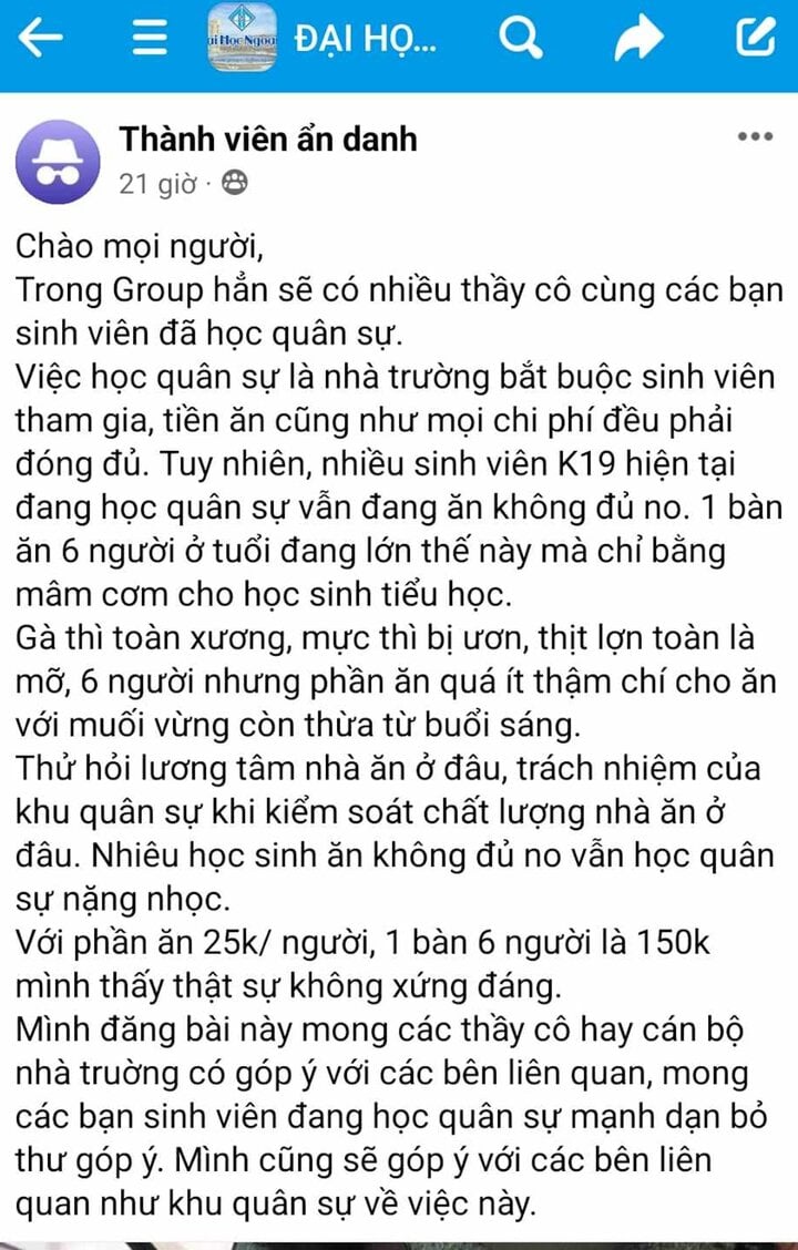 Bữa cơm không đủ no của sinh viên đi học Quốc phòng: Giám đốc ĐH Huế nói gì? - Ảnh 1. Bữa cơm không đủ no của sinh viên đi học Quốc phòng: Giám đốc ĐH Huế nói gì? - Ảnh 1.