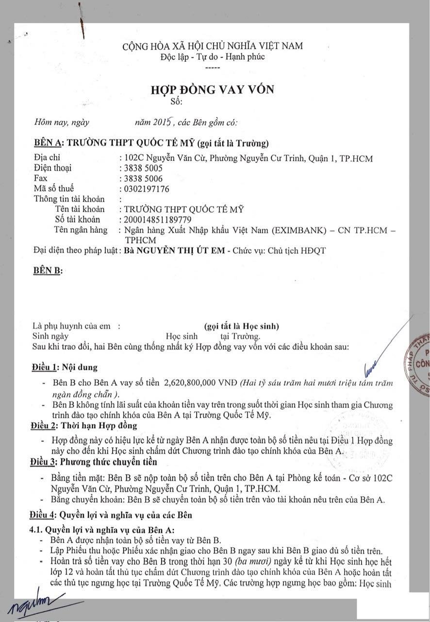 Phụ huynh tiết lộ hợp đồng cho trường quốc tế ở TP.HCM vay 2,6 tỷ đồng: Nội dung cụ thể bên trong có những gì?- Ảnh 2.