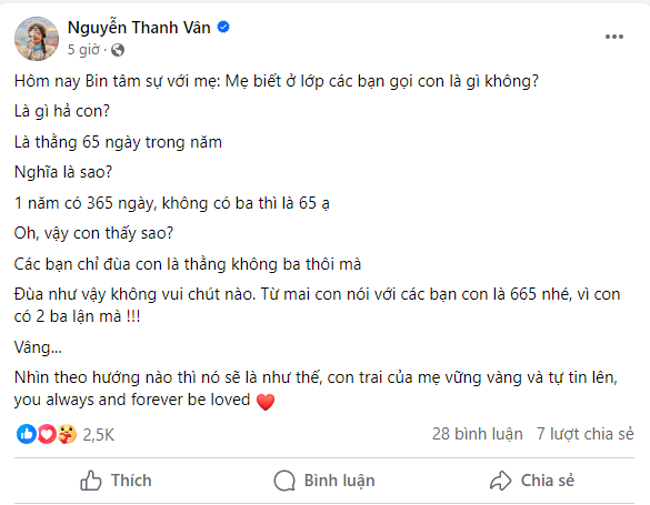 Bị bạn trêu chọc là &quot;thằng không có bố&quot;, con trai Vân Hugo chia sẻ cảm giác khiến mẹ nghẹn ngào - Ảnh 1.