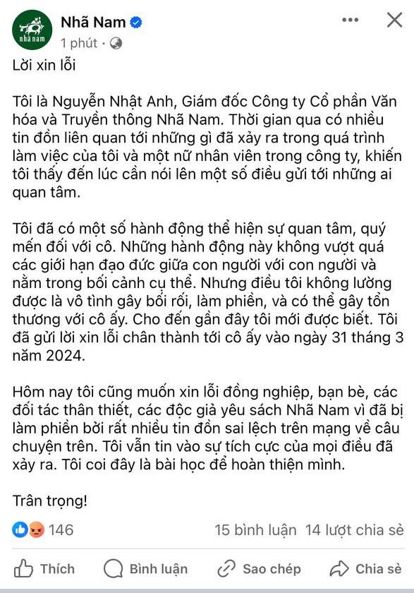 Giám đốc Nhã Nam lên tiếng trên Fanpage về &quot;tin đồn liên quan đến quá trình làm việc với một nữ nhân viên trong công ty&quot;- Ảnh 1.