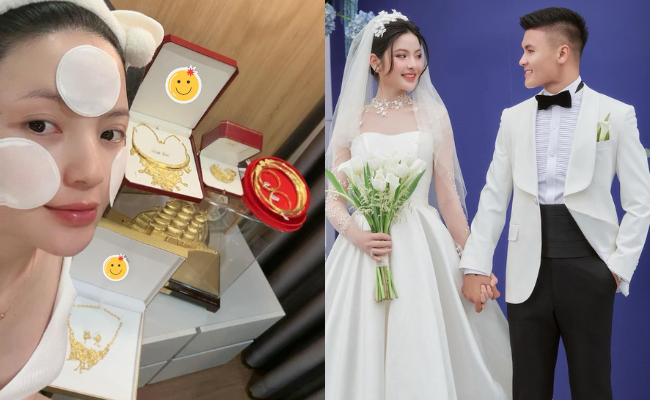 Chu Thanh Huyền "flex" tất cả số vàng nhận được ở đám cưới với Quang Hải, nhiều và nặng thế này bảo sao phải kêu "cứu" - Ảnh 1. Chu Thanh Huyền "flex" tất cả số vàng nhận được ở đám cưới với Quang Hải, nhiều và nặng thế này bảo sao phải kêu "cứu" - Ảnh 1.