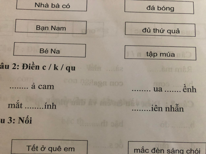 Xuất hiện bài tập tiếng Việt khiến phụ huynh &quot;tăng xông&quot; vì nghĩ mãi không ra: ... UA... ỀNH thì điền C hay K, QU mới hợp lý? - Ảnh 1.