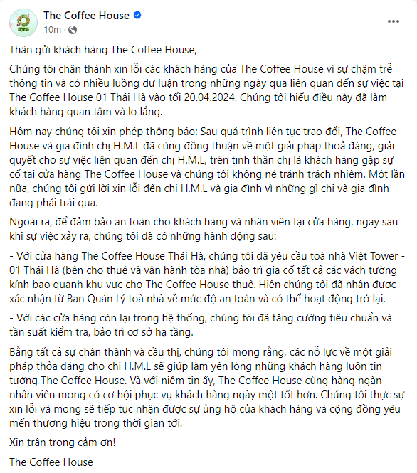 The Coffee House thông báo đã đồng thuận về một giải pháp thỏa đáng cho gia đình nữ bác sĩ bị kính rơi vào người - Ảnh 1.