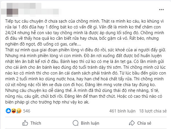 Vợ bất lực vì chồng sống &quot;vô tổ chức&quot;: Cho con ăn bánh kẹo tẹt ga, xịt nồng nặc nước hoa rồi ôm con... - Ảnh 1.