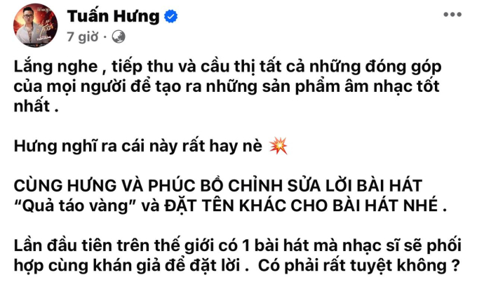 Tuấn Hưng đáp trả cực gắt khi bị chê về giọng hát, chấp niệm với Quả Táo Vàng tới mức mời khán giả viết lời mới luôn! - Ảnh 3.