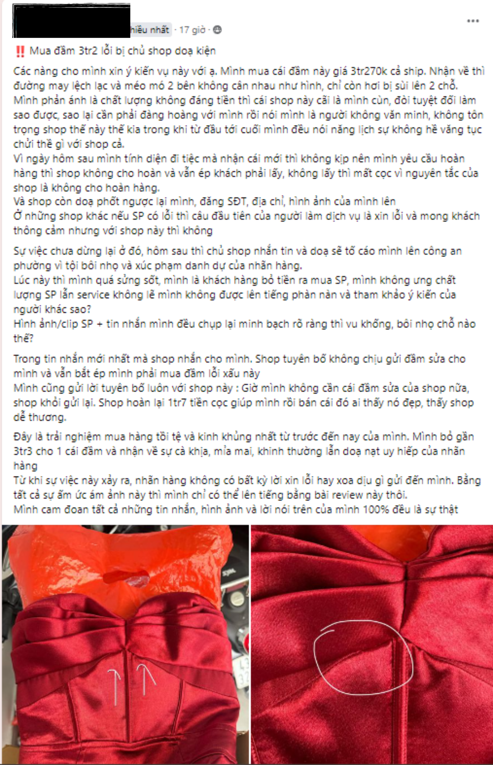 Drama chiếc váy hơn 3 triệu: Khách chê đường may méo mó, bất bình với thái độ chăm sóc khách hàng, chủ shop lại đòi kiện ngược - Ảnh 1.