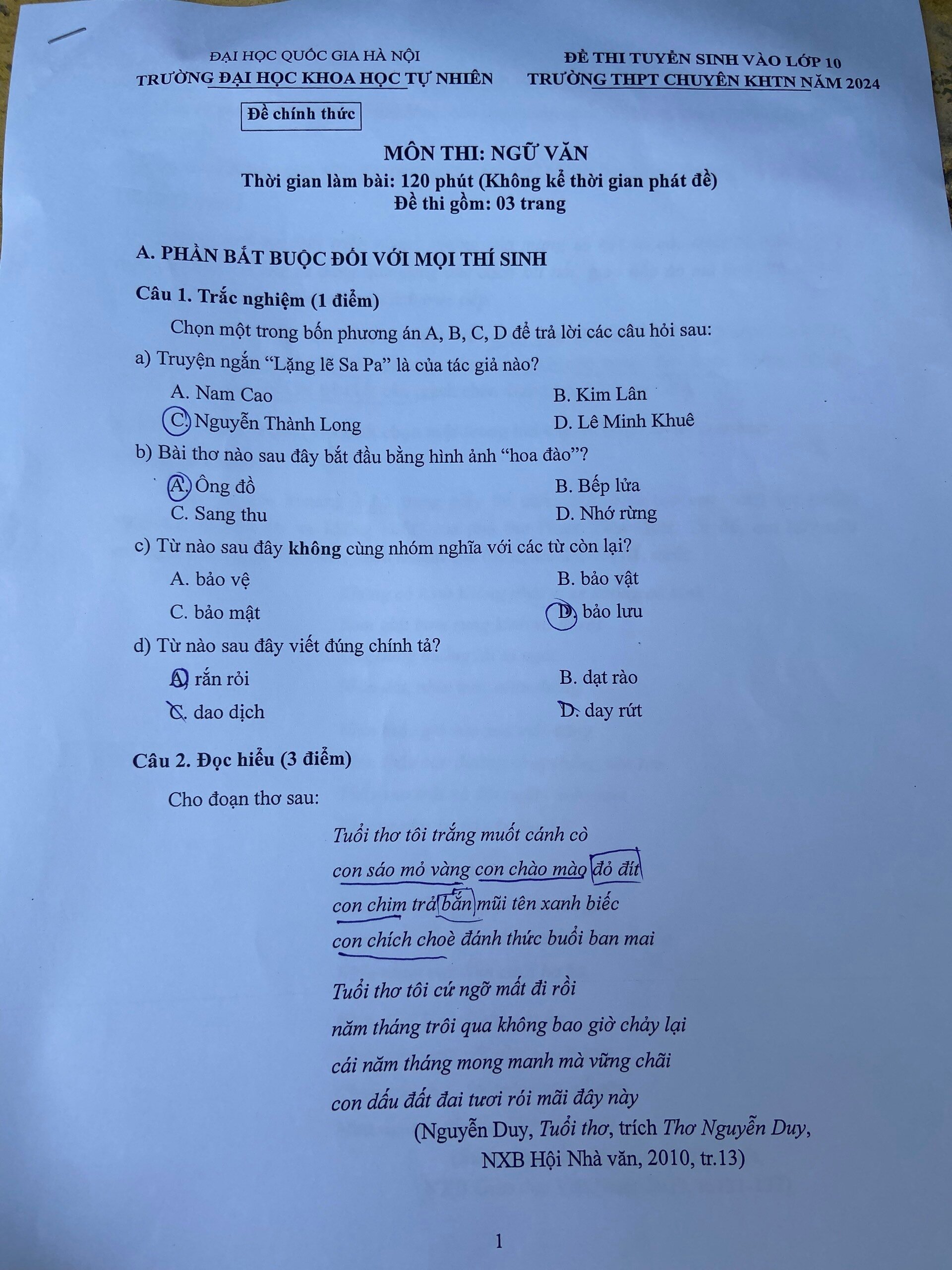 'Chiếc lược ngà' vào đề thi Văn lớp 10 trường chuyên Khoa học Tự nhiên Hà Nội - Ảnh 1.