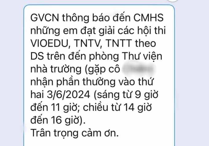 Xôn xao đoạn tin nhắn phụ huynh &quot;phốt&quot; trường nghỉ hè mới trao giấy khen cho học sinh đạt giải cao, còn yêu cầu đến thư viện lấy - Ảnh 2.