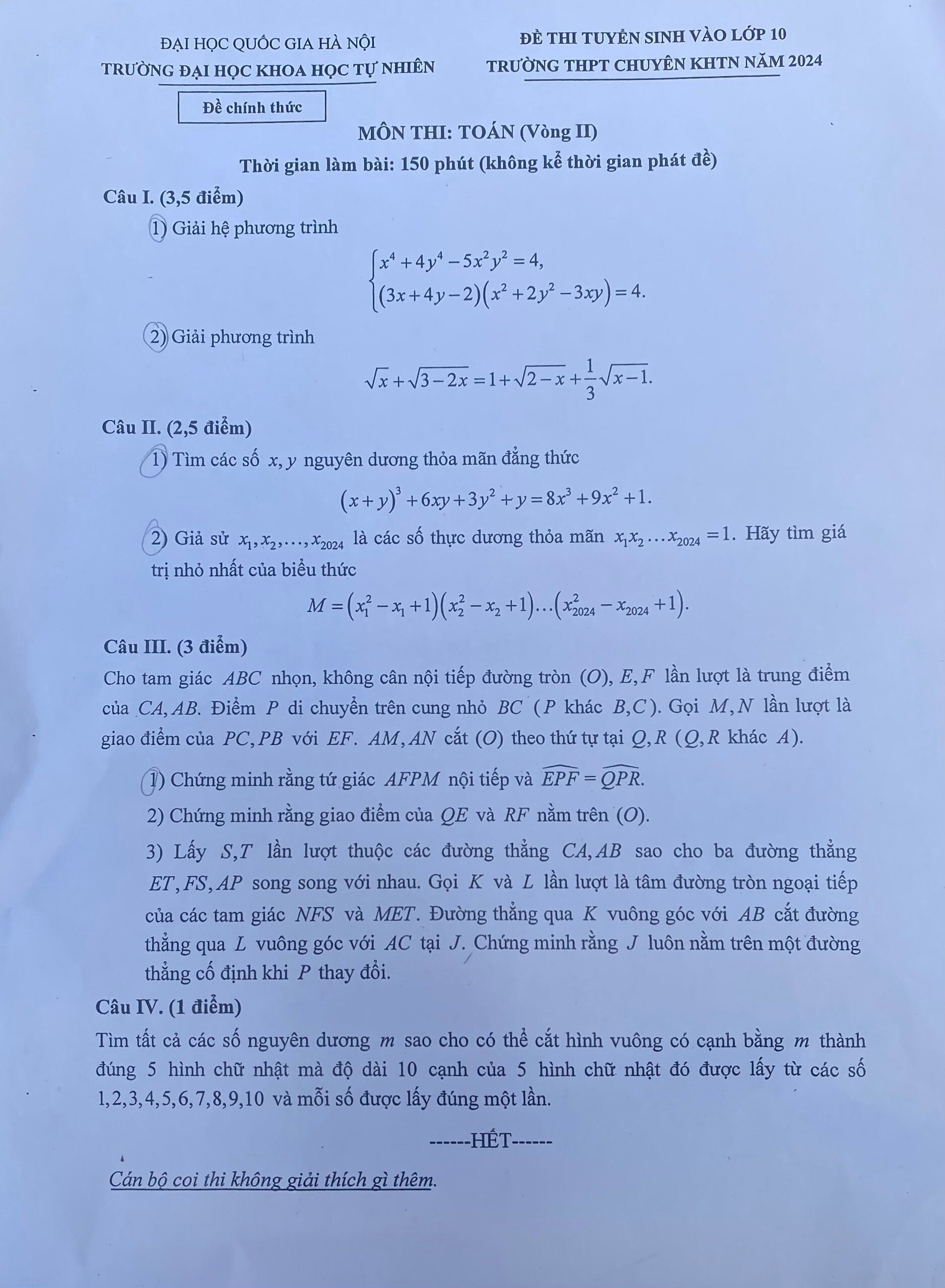 Đề thi Toán, Sinh học vào lớp 10 THPT chuyên Khoa học Tự nhiên Hà Nội - Ảnh 1.