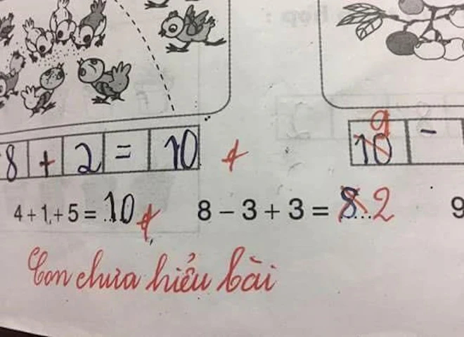 Học sinh tiểu học làm phép tính &quot;8-3+3=8&quot; bị cô gạch đỏ và sửa lại thành 2, cả cõi mạng dậy sóng - Ảnh 1.