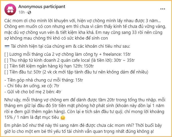 33 tuổi kiếm 50 triệu/tháng vẫn chưa dám đẻ vì sợ không đủ tiền nuôi con: CĐM bùng nổ tranh cãi “chần chừ mãi không sợ mất khả năng làm mẹ sao?” - Ảnh 2.