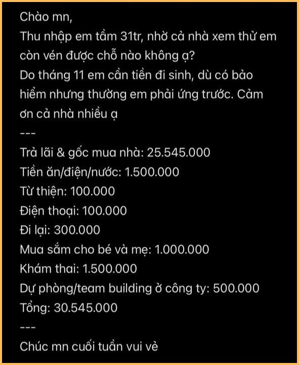 Bảng chi tiêu khiến CĐM “rùng mình”: Tiền trả nợ chiếm 82% thu nhập, đang có bầu nhưng tiền ăn cả tháng chỉ 1,5 triệu quay đầu- Ảnh 1.