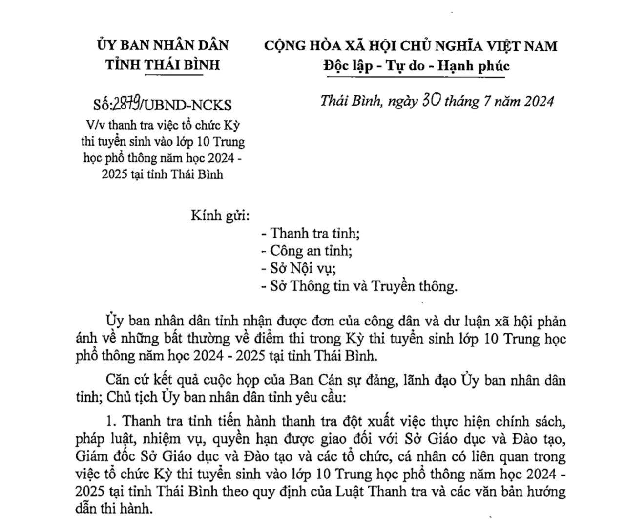 Bất thường kết quả chấm thi vào lớp 10 ở Thái Bình: Chủ tịch UBND chỉ đạo nhiều nội dung &quot;nóng&quot;- Ảnh 1.