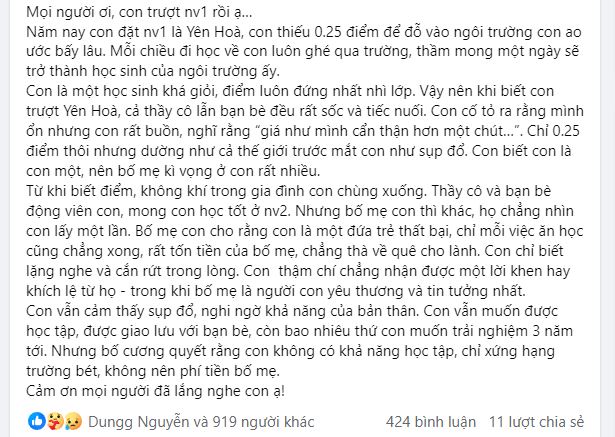 Nam sinh Hà Nội có dòng chia sẻ khiến nhiều người bật khóc: Từ lúc thi trượt, bố mẹ &quot;chẳng nhìn con lấy một lần&quot;!- Ảnh 1.