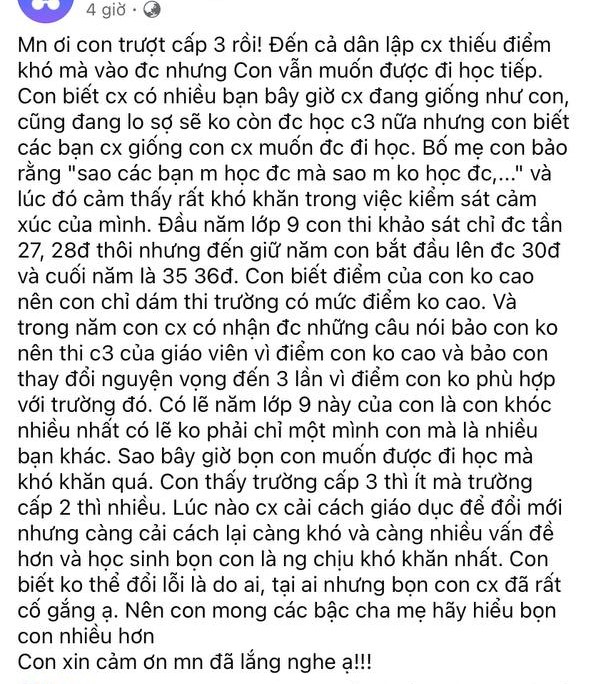 Trượt tất cả nguyện vọng vào lớp 10, sĩ tử Hà Nội viết vài dòng tâm sự khiến ai cũng rưng rưng: &quot;Con mong cha mẹ hãy hiểu con hơn&quot; - Ảnh 1.